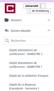 Le menu Magister déplié avec une série de devoirs ouverts dans Moodle, avec l’option de détection Compilatio activée.