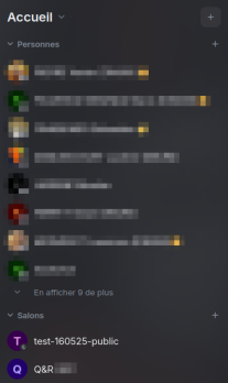 Liste des salons et conversations de l'espace sélectionné