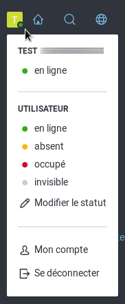 Capture du menu personnel listant les statuts disponibles et